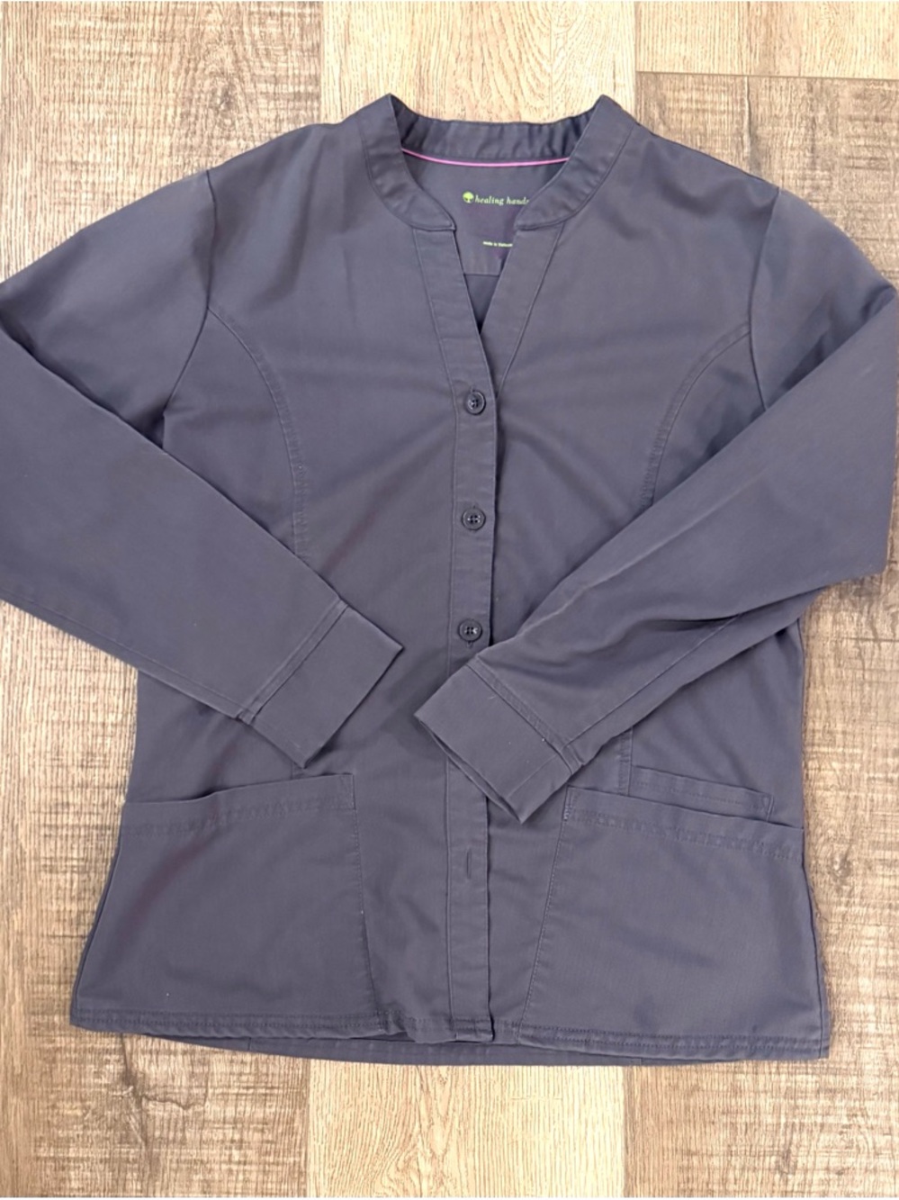 Healing Hands Purple Label Scrub Jacket Womens Small Gray Button Front